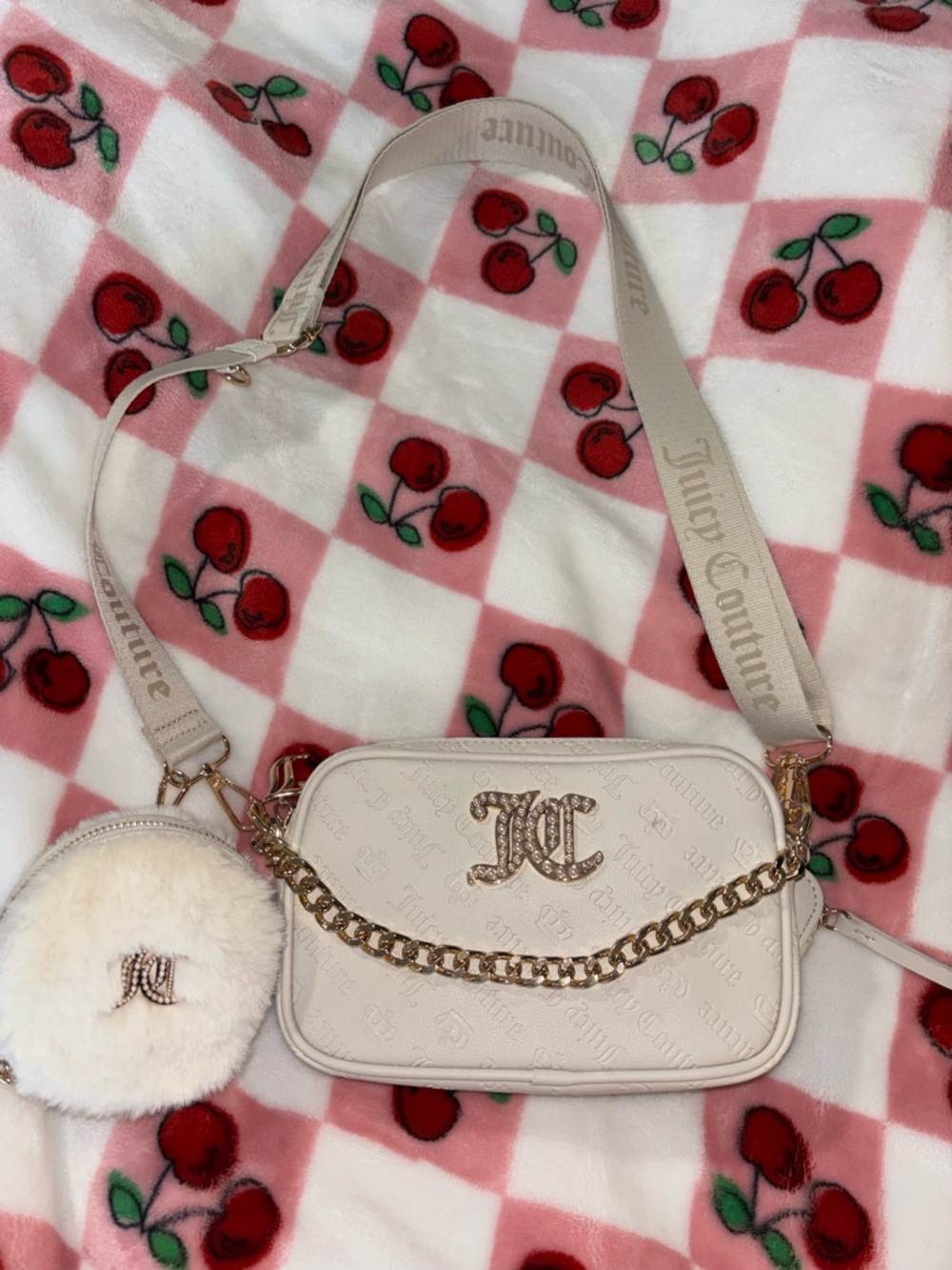 Juicy Couture Cream Crossbody with Gold Chain and Logo Charm